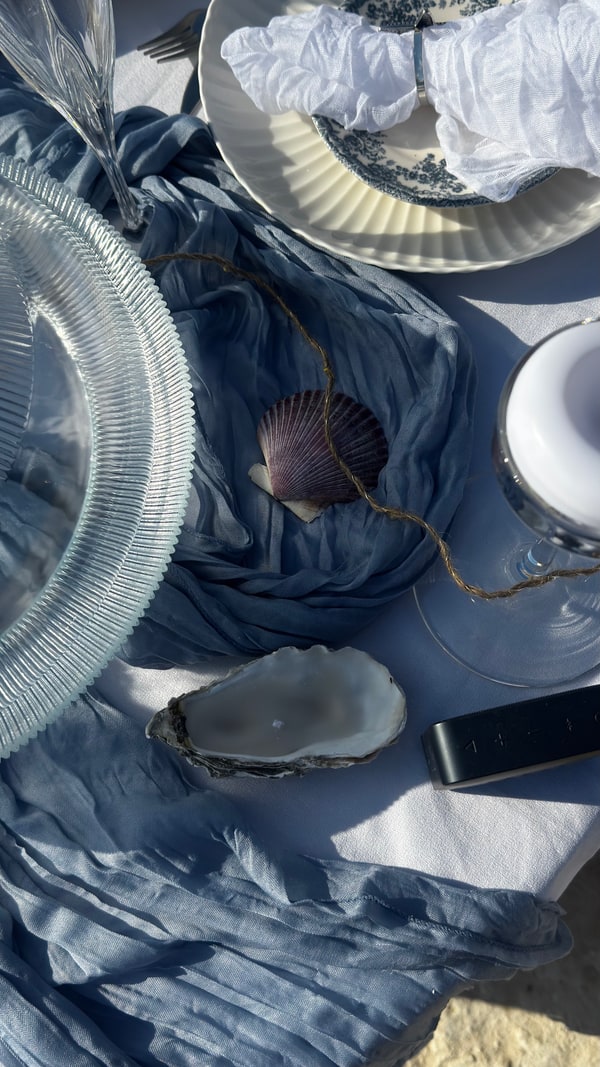 Blue fabric, plates and glassware on a picnic table