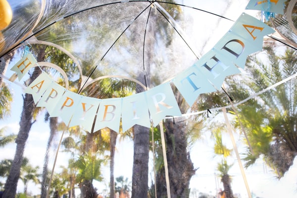Happy Birthday bunting strung between palm trees