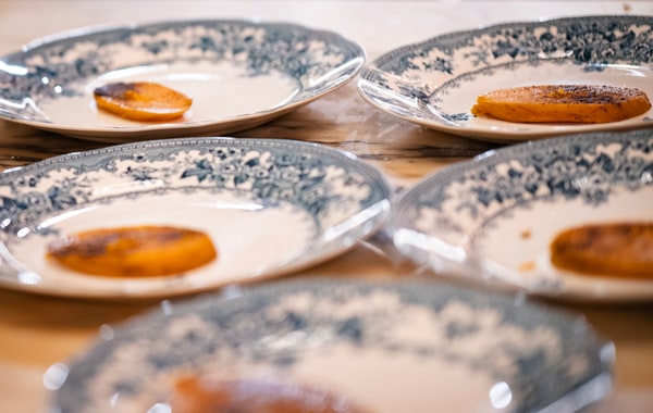 Food served on blue patterned plates