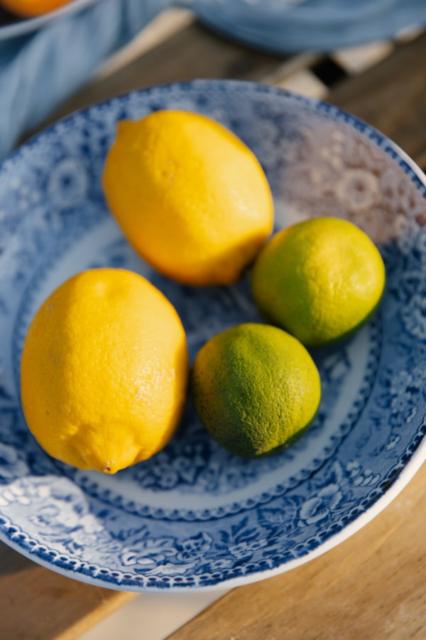 Lemons and limes on a blue-and-white plate
