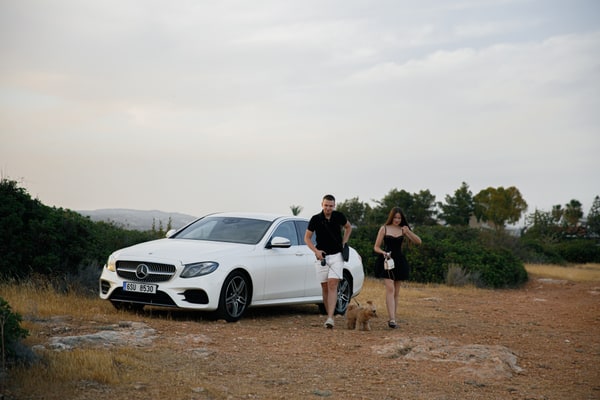 A white car on the track near the coastal picnic setting