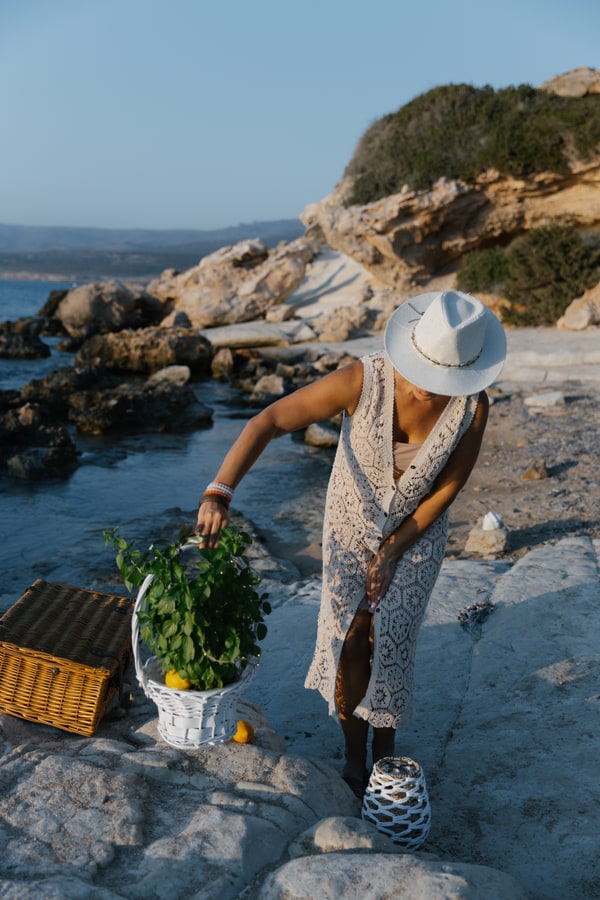 A woman in a white hat carrying a potted plant beside the picnic