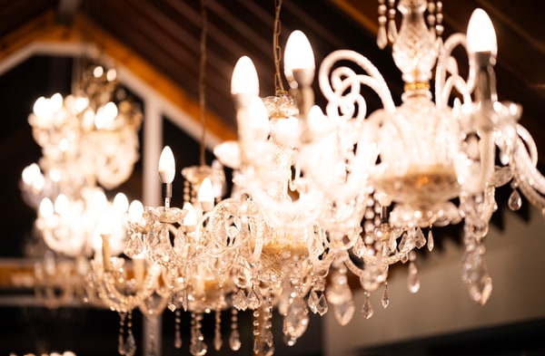 A decorative chandelier above the dining area
