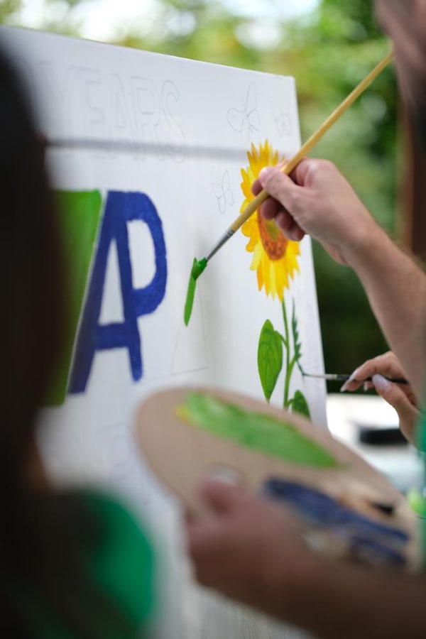 Participants painting together at outdoor easels