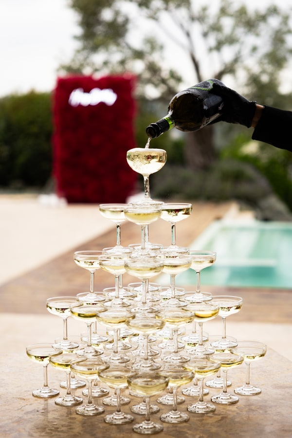 A tower of glasses at the birthday reception