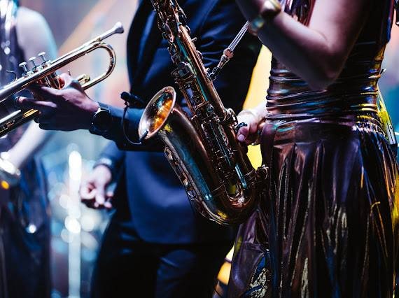 Brass instruments during a live performance