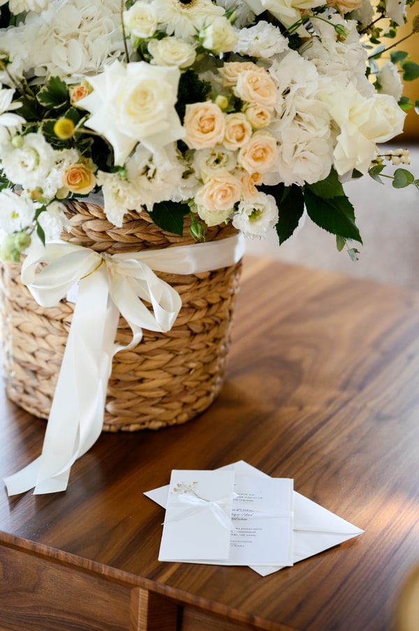 White wedding flowers with delicate greenery