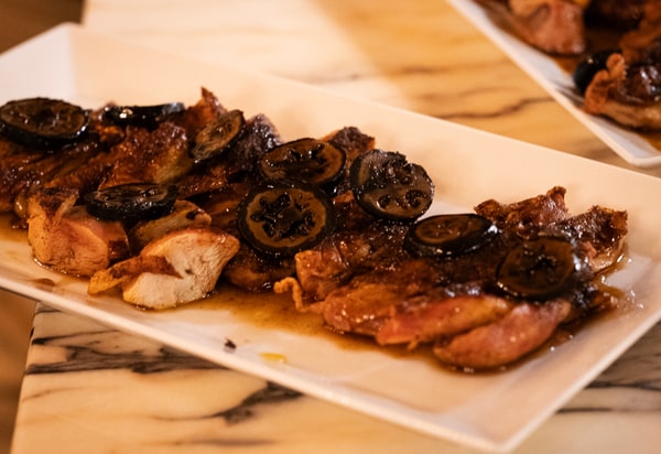 Food served on blue patterned plates