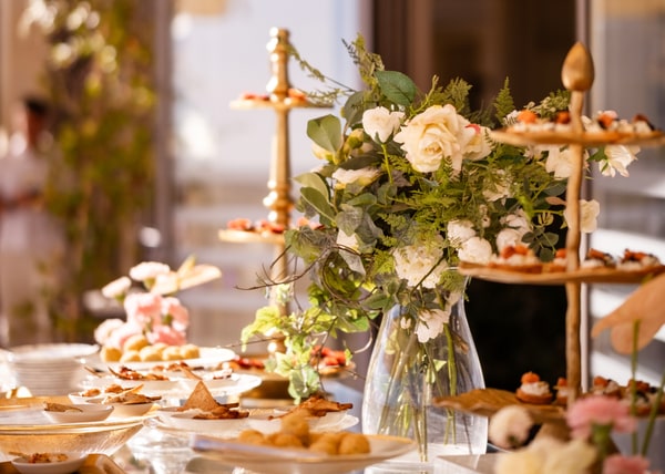 Small bites on tiered stands at the buffet
