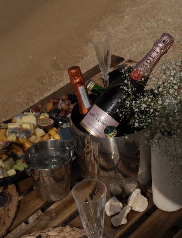 Bottles cooling in a metal ice bucket on the picnic table